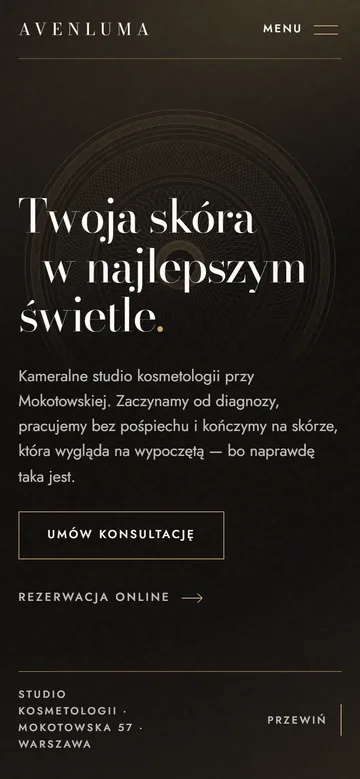 Avenluma na telefonie: pierwszy ekran strony avenluma.com