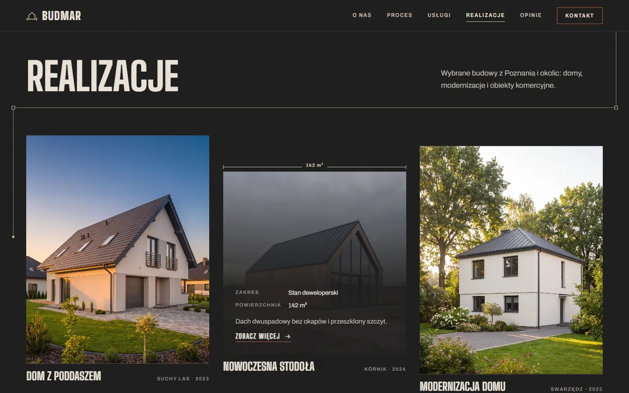 BUDMAR: realizacje w trzech kolumnach, nad „Nowoczesną stodołą” linia wymiarowa 142 m²