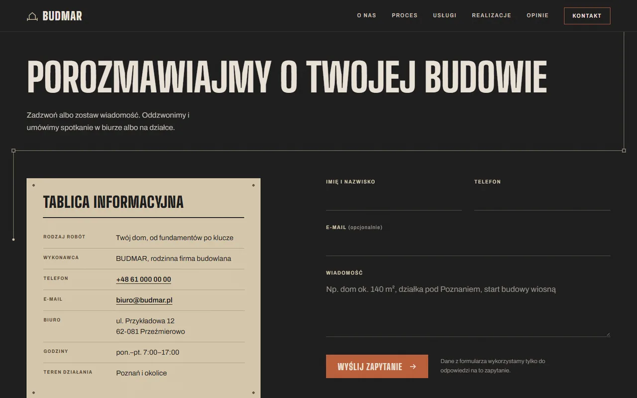 BUDMAR: kontakt „Porozmawiajmy o Twojej budowie” z tablicą informacyjną budowy i formularzem