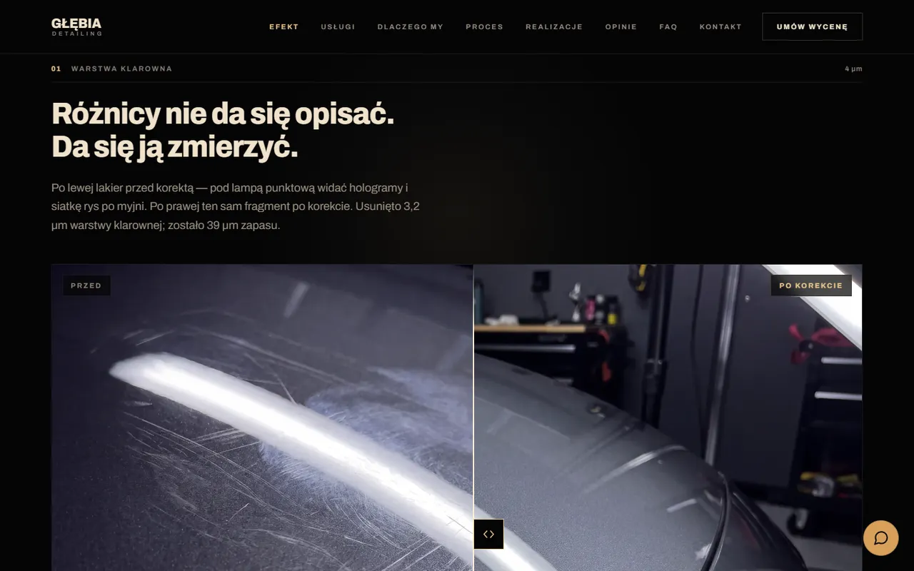 Głębia Detailing: porównanie lakieru przed korektą i po niej, sekcja „Różnicy nie da się opisać. Da się ją zmierzyć.”
