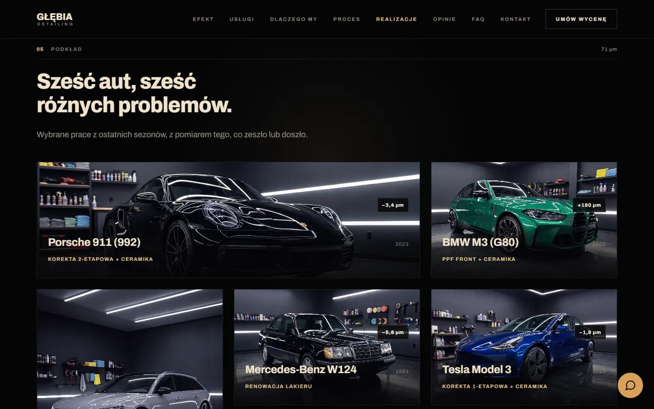 Głębia Detailing: realizacje „Sześć aut, sześć różnych problemów.”, między innymi Porsche 911, BMW M3 i Tesla Model 3