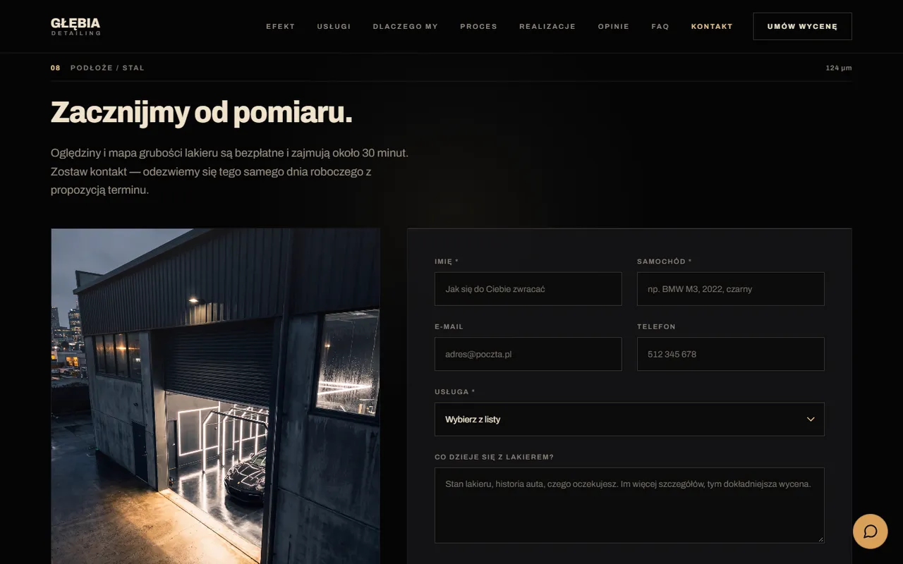 Głębia Detailing: formularz wyceny „Zacznijmy od pomiaru.”