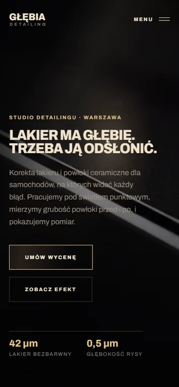 Głębia Detailing na telefonie: pierwszy ekran strony glebia.v1agency.pl