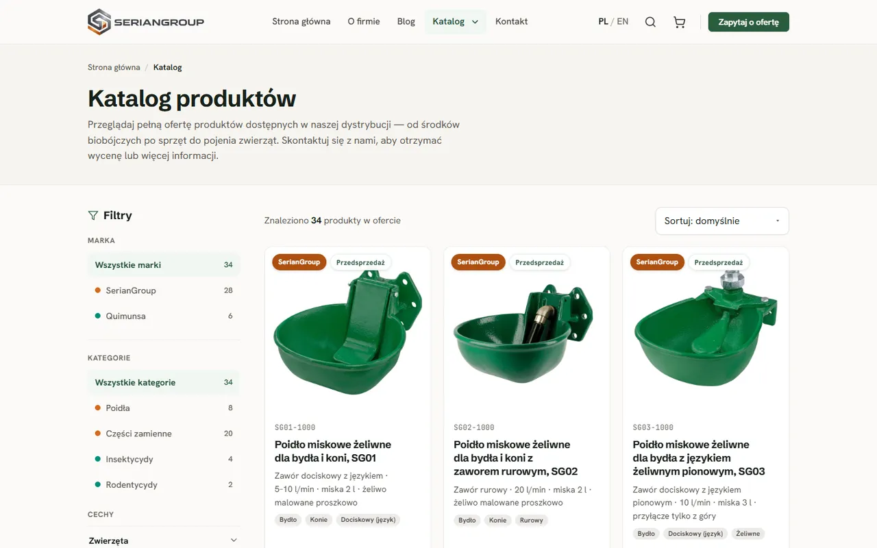 SerianGroup: katalog produktów z filtrami po marce, kategorii i cechach