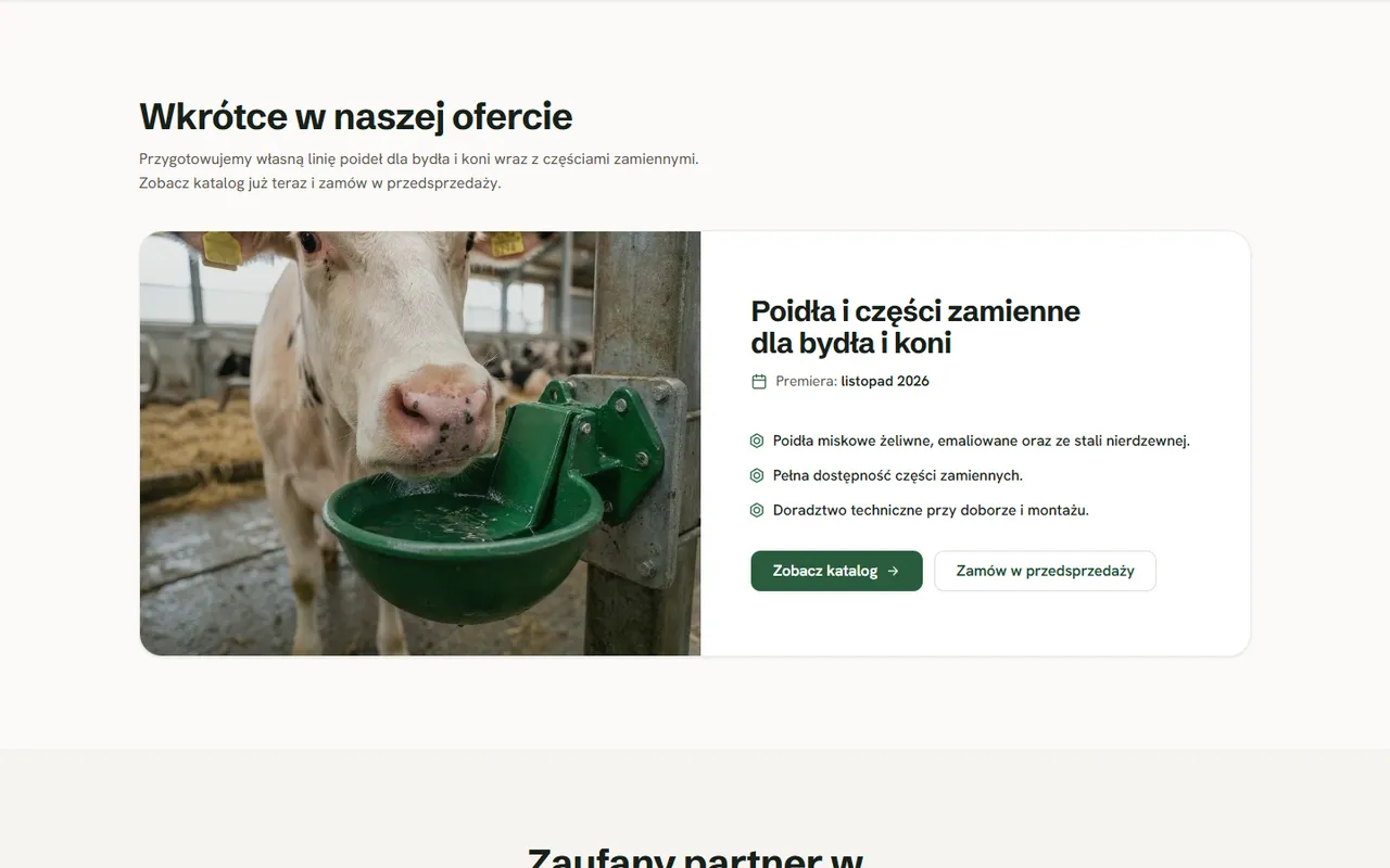 SerianGroup: sekcja „Wkrótce w naszej ofercie” z poidłami i częściami zamiennymi dla bydła i koni